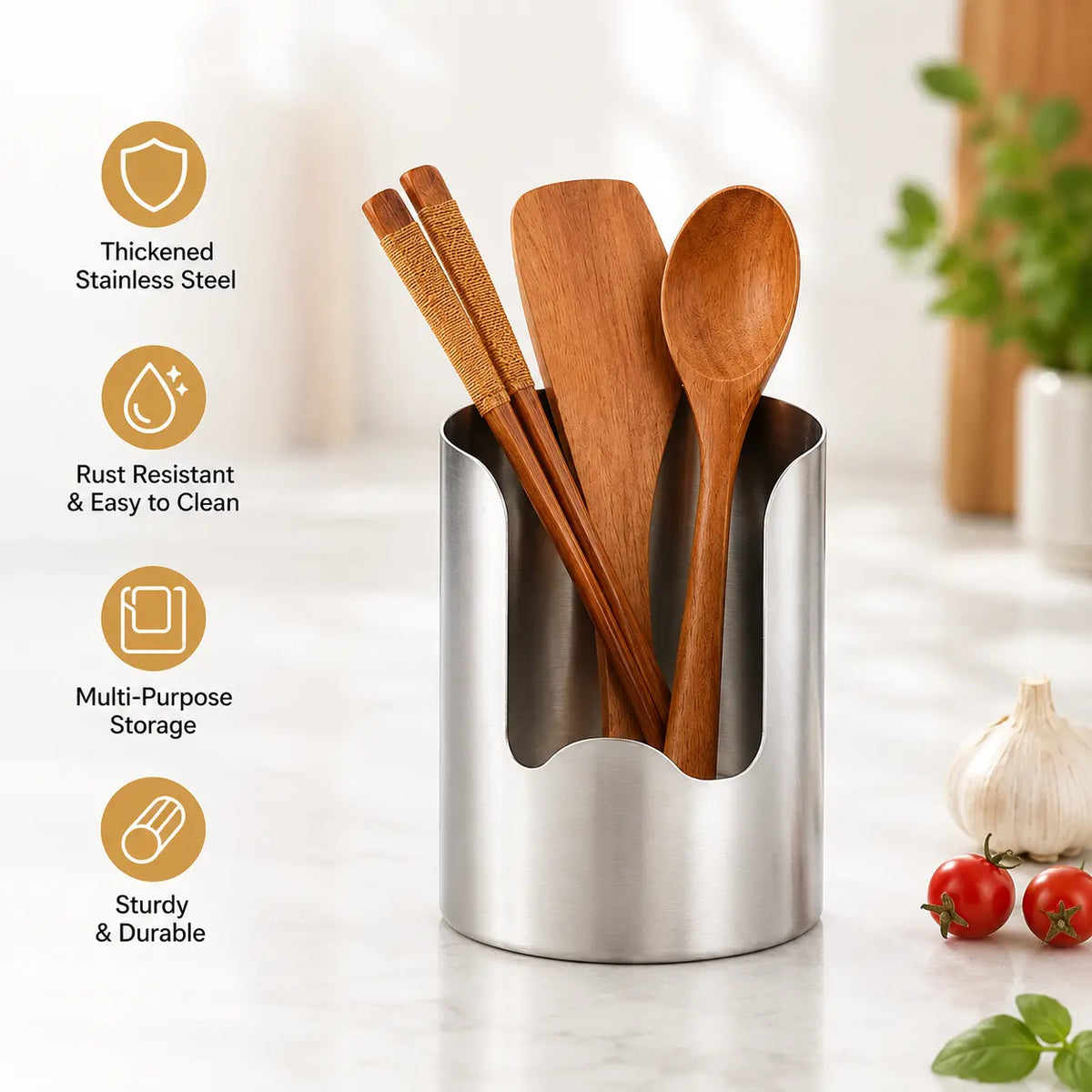 Thickened Stainless Steel Utensil Organizer – Rust-Resistant Countertop Storage Holder