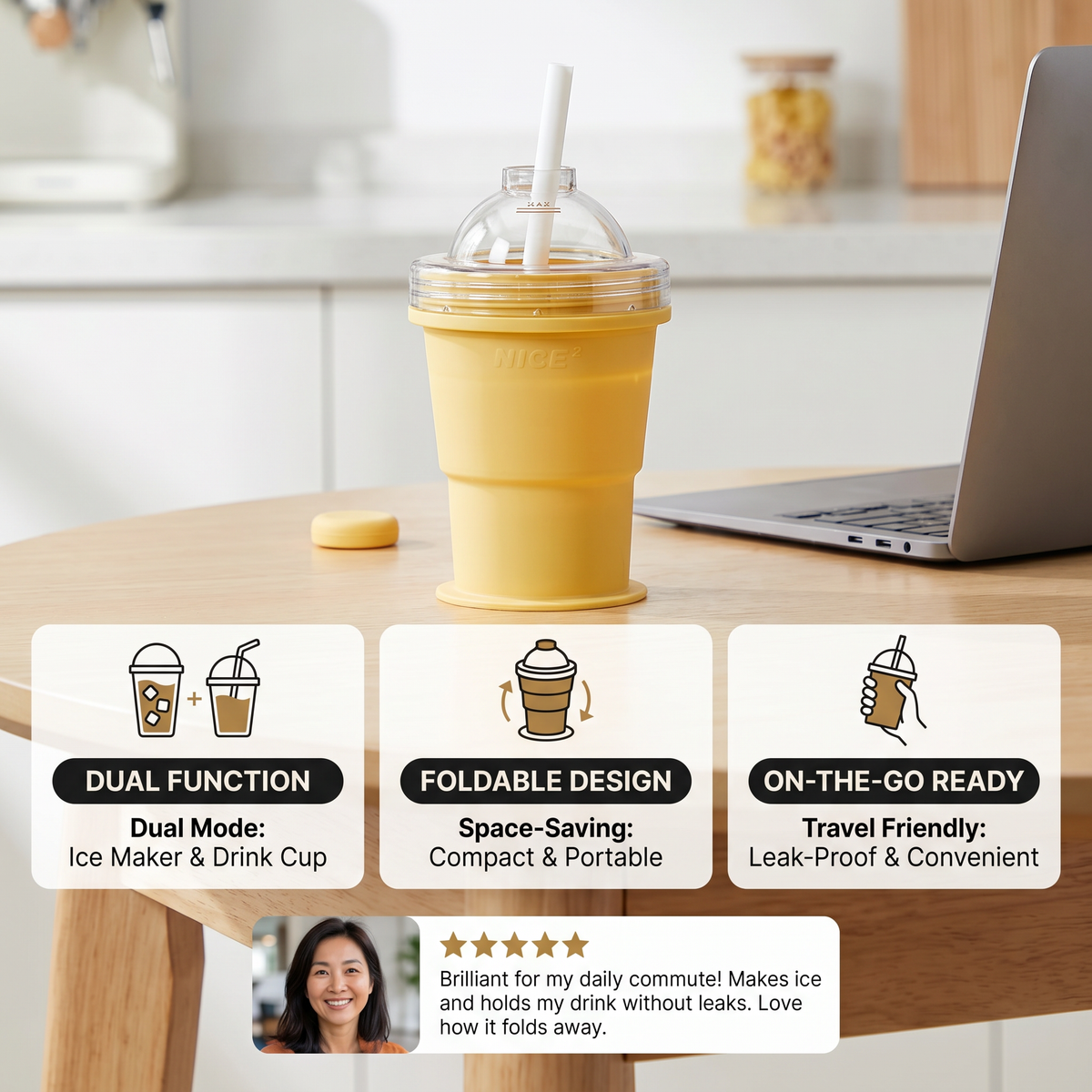 2-in-1 Ice Cube Cup – Foldable, with Straw & Silicone Mold for On-the-Go Use