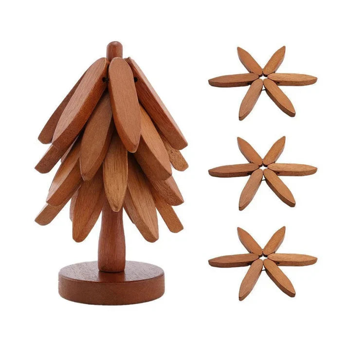 ✨Natural Tree Trivet Set - 4 bamoo Trivets & 1 Stand Like a Christmas Tree