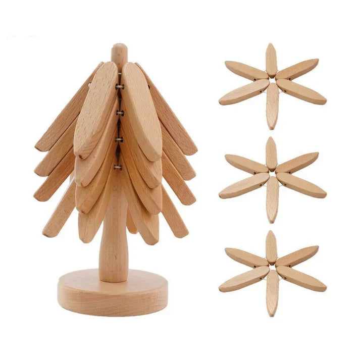 ✨Natural Tree Trivet Set - 4 bamoo Trivets & 1 Stand Like a Christmas Tree
