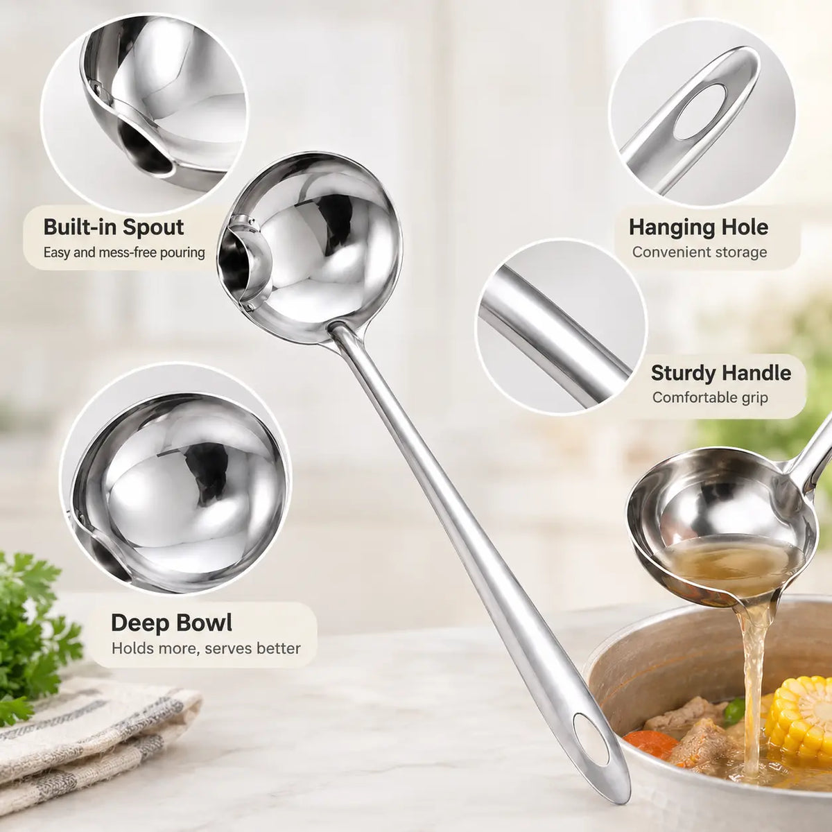 Stainless Steel Oil Separator Ladle, Mirror Polished Surface 🥄