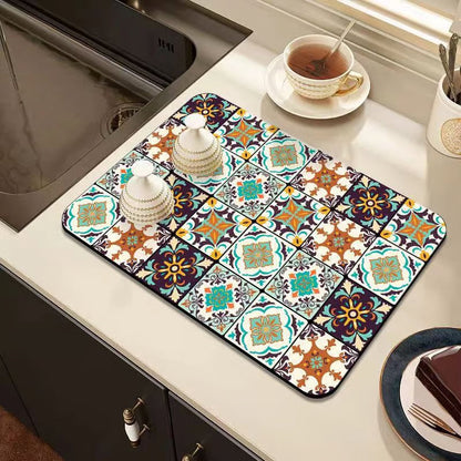 Retro Quick-Drying Water-Draining Mat for Kitchen Bar Countertops