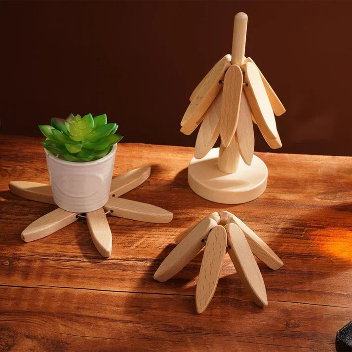 ✨Natural Tree Trivet Set - 4 bamoo Trivets & 1 Stand Like a Christmas Tree