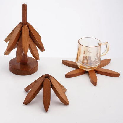 ✨Natural Tree Trivet Set - 4 bamoo Trivets & 1 Stand Like a Christmas Tree