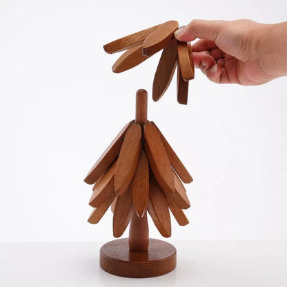 ✨Natural Tree Trivet Set - 4 bamoo Trivets & 1 Stand Like a Christmas Tree