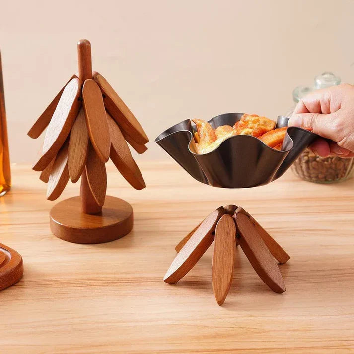 ✨Natural Tree Trivet Set - 4 bamoo Trivets & 1 Stand Like a Christmas Tree