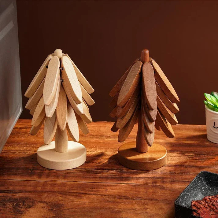✨Natural Tree Trivet Set - 4 bamoo Trivets & 1 Stand Like a Christmas Tree